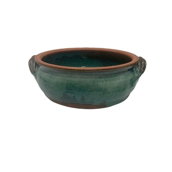 Vintage Signed Art Pottery Bowl Blue Drop Glaze Handles 8+ Inches Wide - Picture 1 of 7